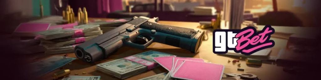 GtBet Casino — logo néon, pistolet, liasses de billets et jetons dans une ambiance Vice City